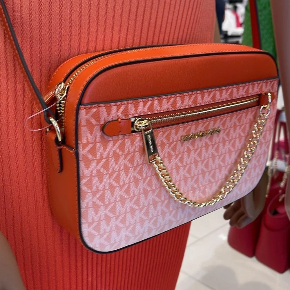 Michael Kors Jet Set Lg East West Ombré Signature Logo Crossbody Bag Red Clay